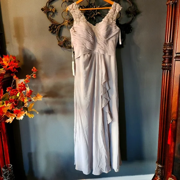 JJs House | Dresses | Mother Of The Bride Dress Aline Vneck Floorlength  Chiffon Lace Silver | Poshmark